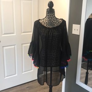 Bleu Rod Beattie Black Sheer Swim Coverup with Multicolor Pom Trim